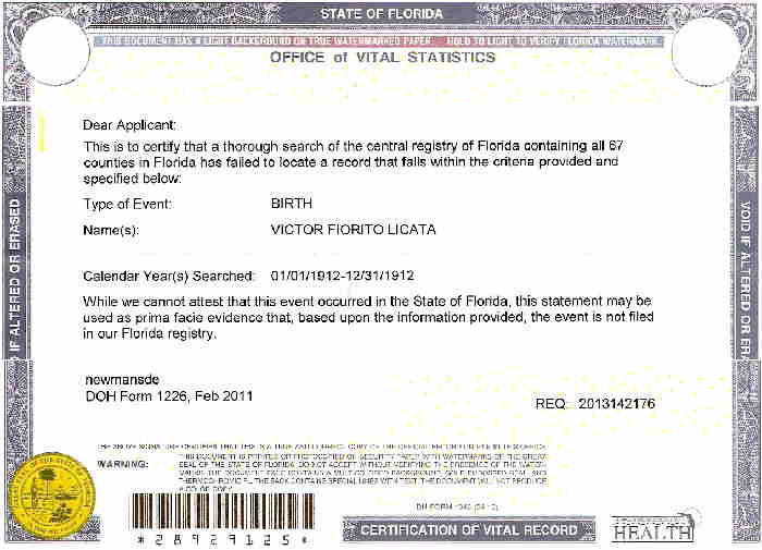 Victor Licata's Non Birth Certificate
